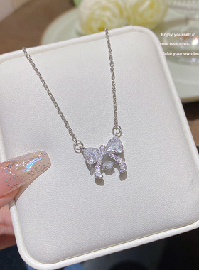 甜美精致蝴蝶结锆石项链女轻奢小众设计感吊坠简约时尚百搭锁骨链