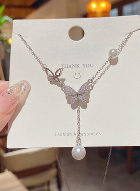 气质甜美蝴蝶珍珠项链轻奢小众设计感锁骨链百搭气质流苏颈链吊坠