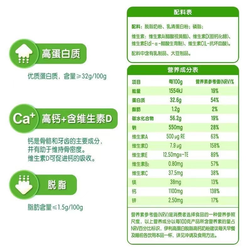 伊利脱脂奶粉减肥专用无糖精0低脂肪高蛋白高钙营养早餐代餐牛奶