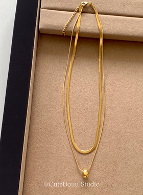 CuteDouu 浮光跃金 质感老钱风双层水滴吊坠项链蛇骨毛衣链锁骨链