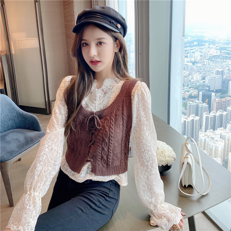 韩国秋装新款无袖针织马甲女打底衫 绿筱蕾丝衫/雪纺衫