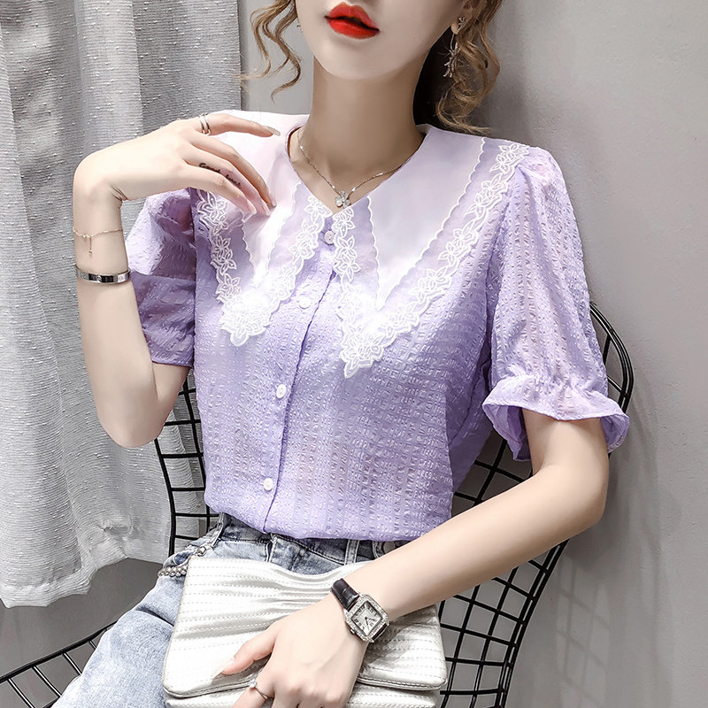 夏季新款洋气韩版超仙气质雪纺衬衫 佐丹莱蕾丝衫/雪纺衫