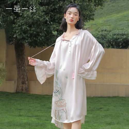 生日礼物』一茧一丝重磅真丝100%桑蚕丝睡裙木耳领流苏连衣裙国风 - 图0