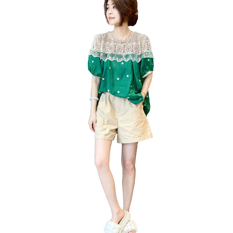 绿色蕾丝泡泡袖休闲洋气短袖衬衫 赛美意女装衬衫