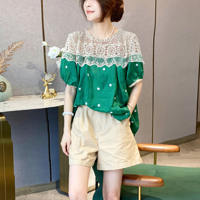 绿色蕾丝泡泡袖休闲洋气短袖衬衫 赛美意女装衬衫
