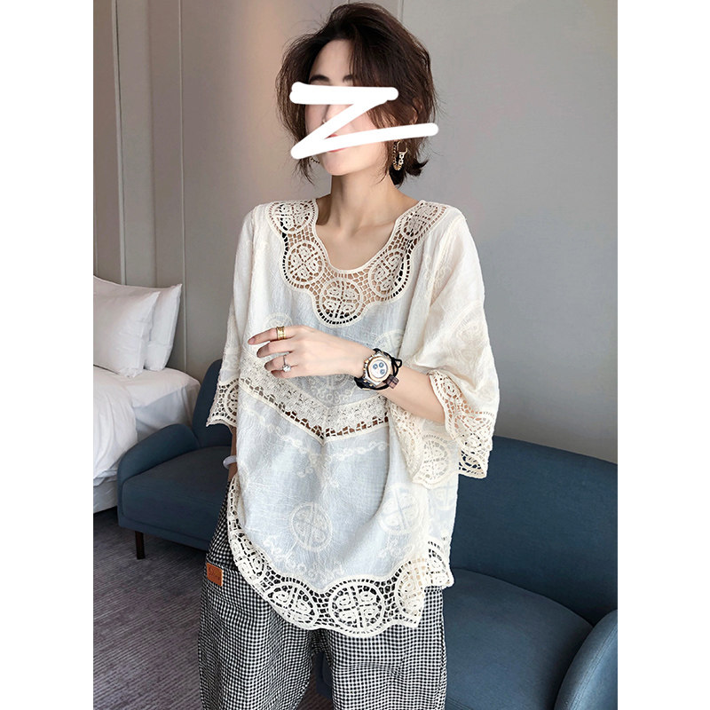 镂空泡泡袖蕾丝小衫女宽松纯色衬衫 赛美意女装蕾丝衫/雪纺衫