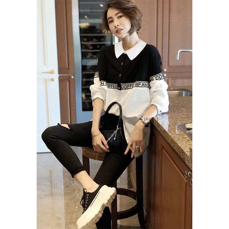 秋季拼接长袖宽松休闲欧货早衬衫 赛美意女装衬衫