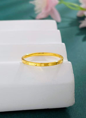 3D硬金黄金车花戒指女999足金细款素圈条戒纯金食指戒送女友礼物