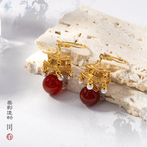 昼影造物《玲珑宫灯》新中式项链宫廷风耳环高级感红玛瑙耳饰套装 - 图0