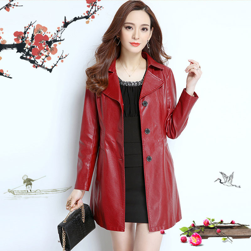 秋冬新款水洗皮pu中长款红色皮大衣 高昕皮衣