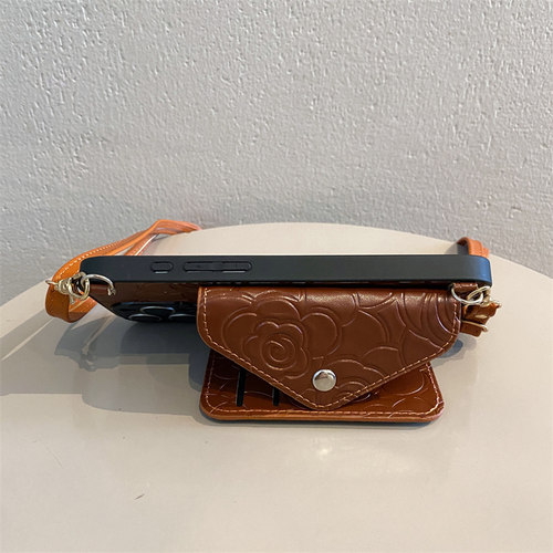 复古山茶花卡包适用iphone17promax手机壳苹果16pro新女款15promax高级感14斜跨13pro背带挂绳12皮质11防摔套 - 图3