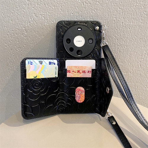 复古山茶花卡包适用iphone17promax手机壳苹果16pro新女款15promax高级感14斜跨13pro背带挂绳12皮质11防摔套 - 图2
