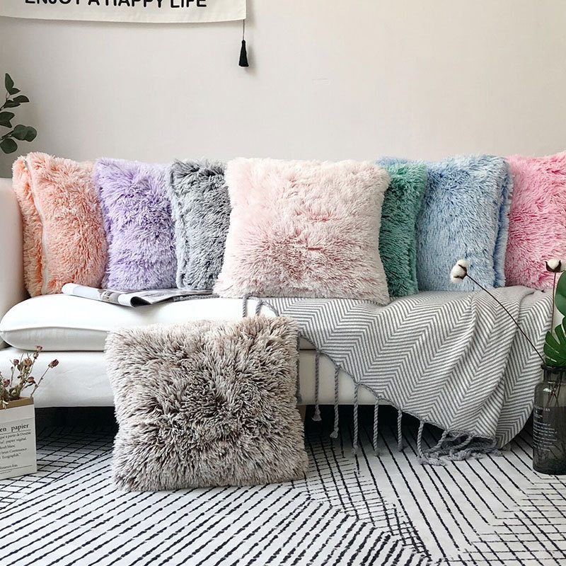 European solid color plush pillowcase sofa cushion cover抱枕-图0
