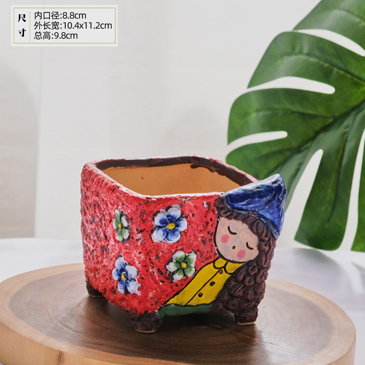 韩式卡通可爱姑娘四方盆口径粗陶透气手工彩绘陶瓷多肉植物花盆