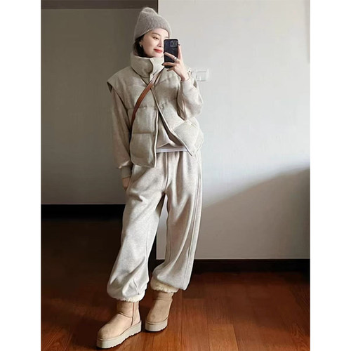 棉服女冬季韩版宽松高级感时尚休闲运动小个子卫衣束脚裤两件套装 - 图3