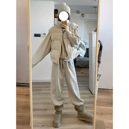 棉服女冬季韩版宽松高级感时尚休闲运动小个子卫衣束脚裤两件套装 - 图0