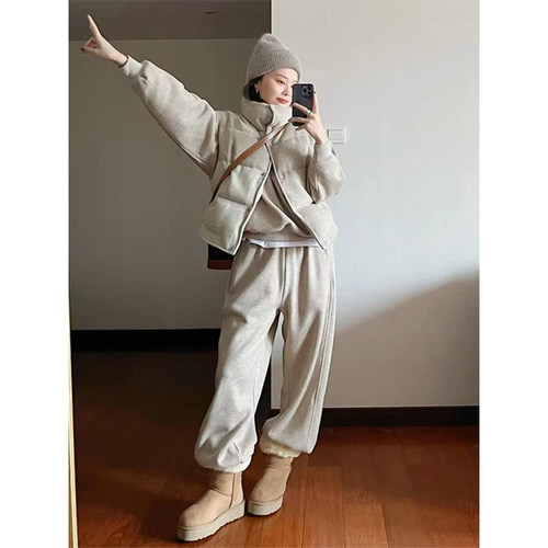 棉服女冬季韩版宽松高级感时尚休闲运动小个子卫衣束脚裤两件套装 - 图1