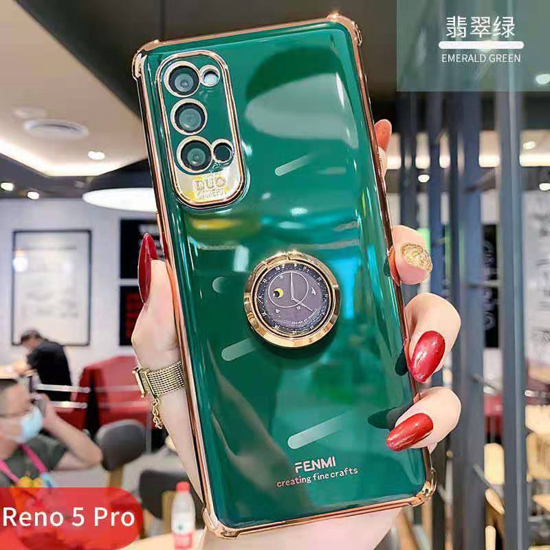 四角防摔oppoReno5手机壳reno5pro创意时钟指环支架reno5镜头全包保护电镀硅胶软壳潮牌网红情侣男女款外壳套 - 图1