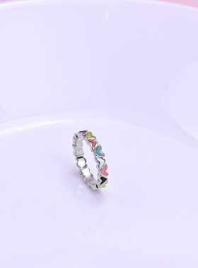 珐琅釉彩清新甜美彩色爱心戒指女