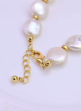 复古天然扁圆形珍珠设计多坠手链