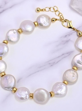 小众轻奢高级感复古宫廷风百搭天然巴洛克扁圆形珍珠设计多坠手链