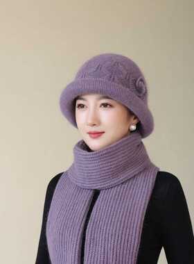 香港高端秋冬季毛线帽子女士中老年人保暖奶奶妈妈针织帽兔毛防寒
