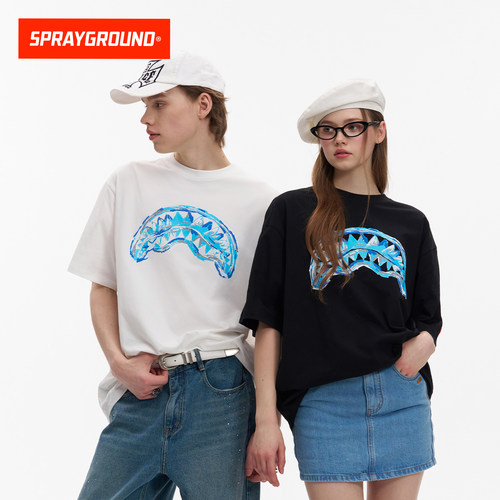 SprayGround鲨鱼嘴logo潮流休闲涂鸦短袖 印花宽松休闲透气T恤夏 - 图1