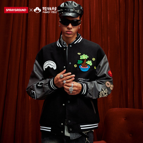 SprayGround鲨鱼嘴冬季夹棉棒球服夹克摇钱树联名宽松情侣外套潮 - 图2