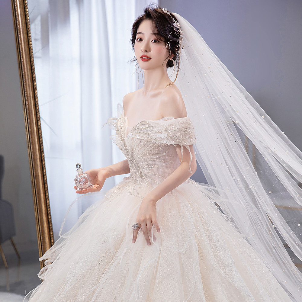 一字肩2021新款宫廷风奢华大主婚纱 玖世新娘婚纱