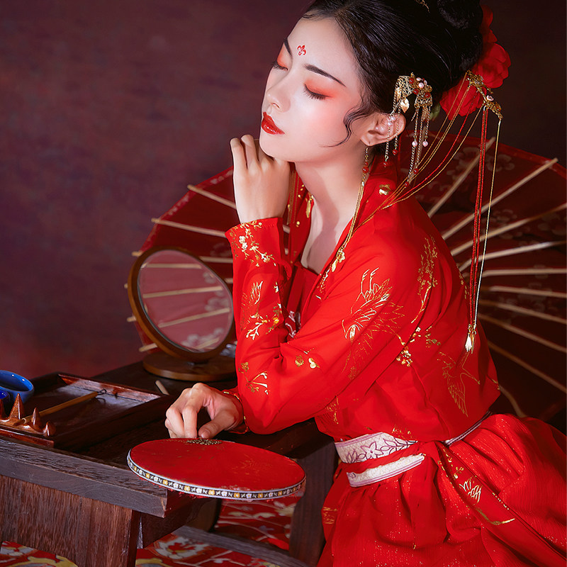 红色汉服女中国风对襟齐腰正品仙鹤 凰呈祥民族服装/舞台装