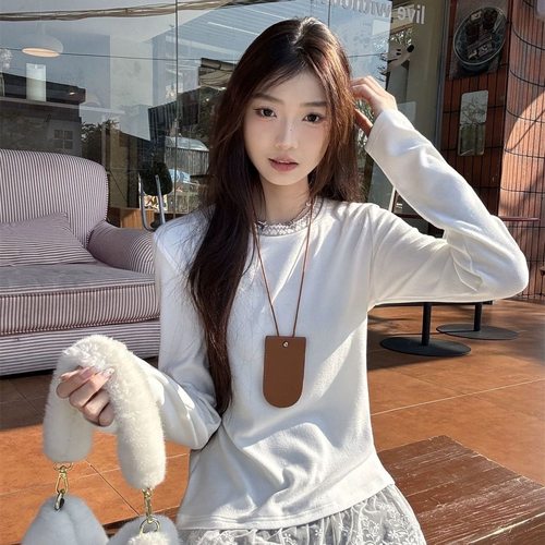 法式白色蕾丝花边内搭长袖打底衫女秋冬叠穿拼接时尚长袖t恤上衣 - 图1