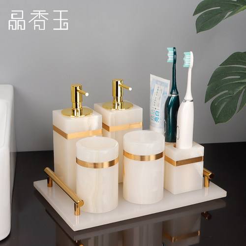 卫浴五件套白玉大理石洗漱套装卫生间托盘刷牙洗漱口杯用品套件 - 图0