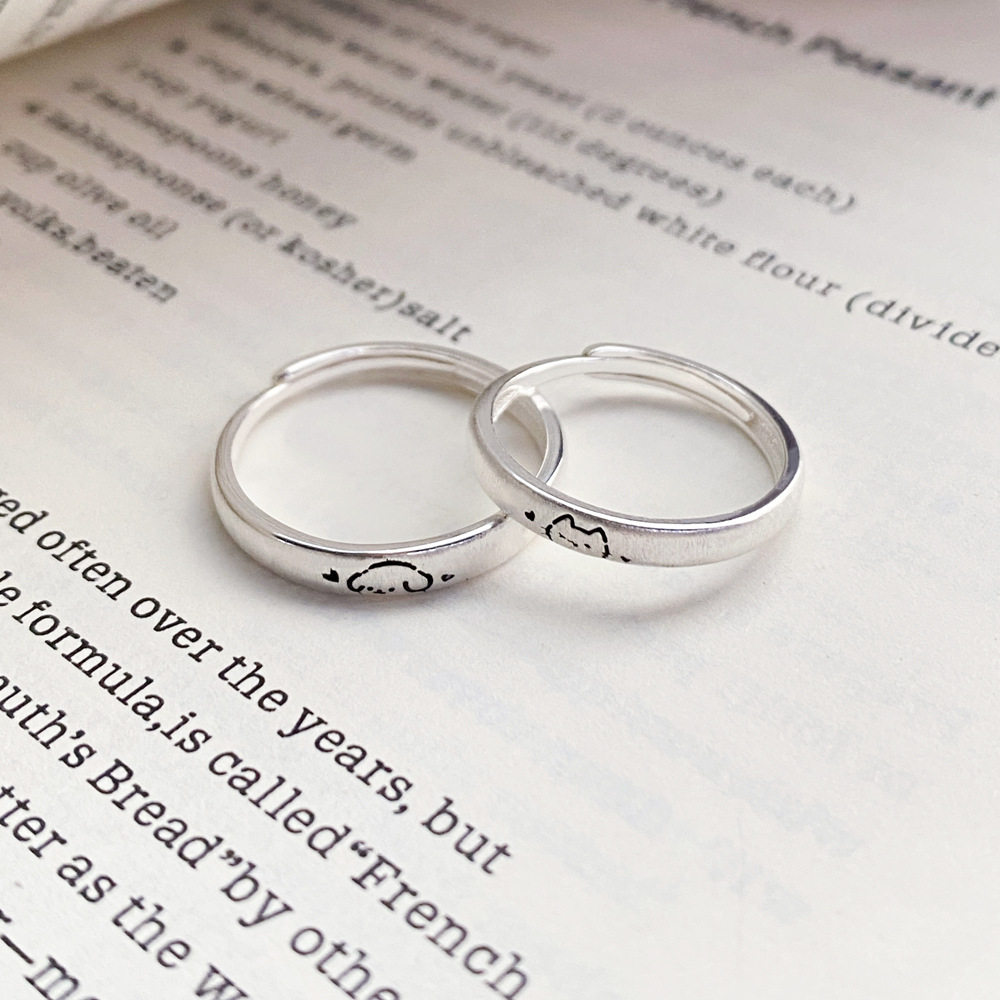 HANXINS999 pure silver brushed cat and dog couple ring