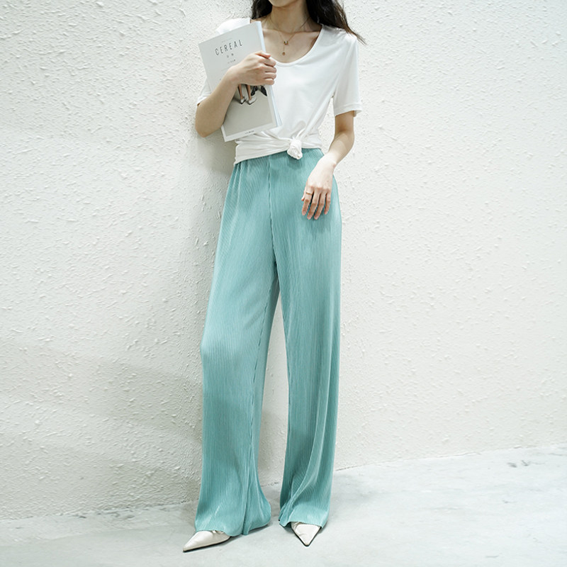 孔雀蓝百褶冰丝雪纺女夏高腰阔腿裤 缤索休闲裤