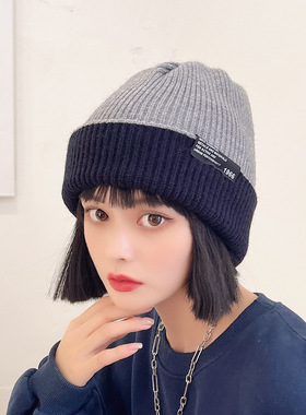 网红帽子毛线帽女秋冬韩版百搭潮素颜贴标保暖冷帽黑色双面针织帽