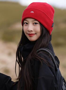户外登山冷帽女秋冬季日系刺绣山标毛线帽男款川西旅游保暖针织帽