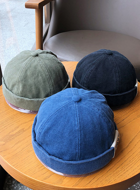 雅痞帽子女街头黑色地主帽潮四季款无檐瓜皮帽男日系水洗复古软顶