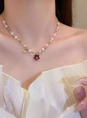 日韩彩色串珠花朵项链女