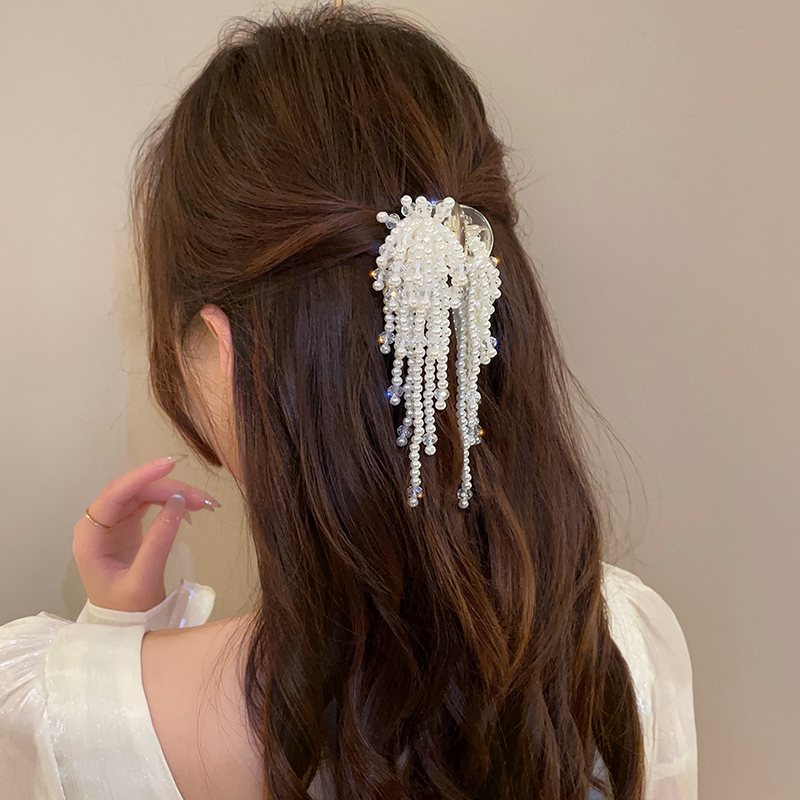 气质珍珠串珠发夹女后脑勺半扎发鲨鱼夹高级感小众设计小抓夹头饰 - 图0