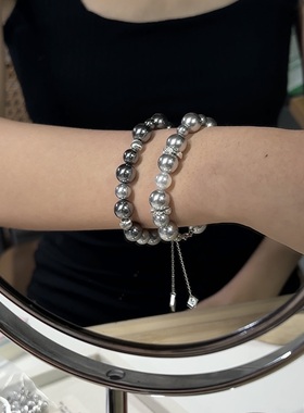 ERSHI尔时｜玄色 原创设计灰黑色珍珠s925银手链手串可调节长度