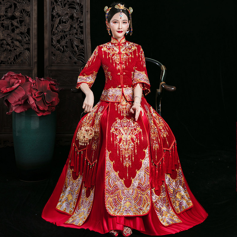 秀禾服2020新款禾服夏季结婚秀礼服 蓝靛熊旗袍