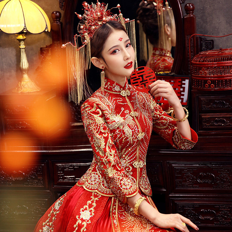 秀禾服2020新款新娘结婚中式敬酒服 蓝靛熊旗袍