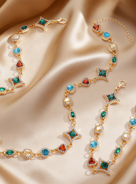 欧美复古彩色宝石项链女轻奢高级