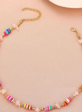 欧美网红彩色软陶片拼接项链 民族风手工串珠手链夏季碎石沙滩链