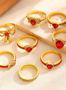 跨境宫廷风复古蝴蝶结红钻戒指套