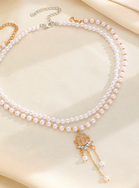 步步生莲珍珠项链流苏镂空花朵吊