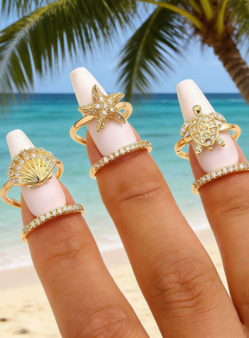 欧美跨境海洋风铜镶锆石指甲戒指