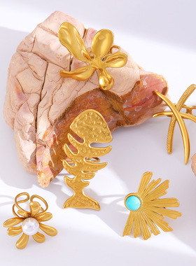 欧美跨境时尚金色花朵戒指女ins