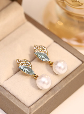 超仙闪钻叶子珍珠耳环女 欧美ins风创意设计树叶耳钉网红轻奢耳饰