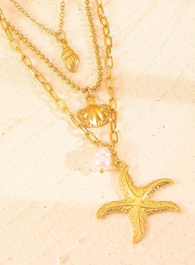 欧美时尚三层海星珍珠吊坠项链女